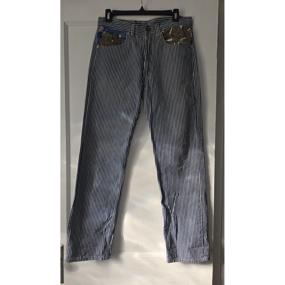 Blue/White Railroad Striped Denim Straight Jeans Floral Contrast  Pockets . 30
